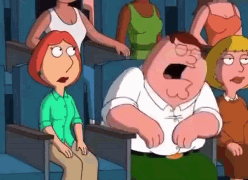 a group of cartoon characters are sitting in a theater and one of them is yawning