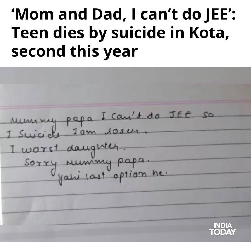 r/unitedstatesofindia - An 18-year-old JEE aspirant died by suicide in Rajasthan's Kota on Monday and left a suicide note for her parents stating that she was unable to do JEE